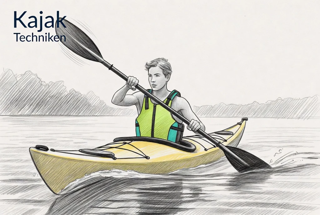 Pencil sketch: paddler in a yellow kayak on calm water — kayak techniques in the Aquadock paddle guide.
