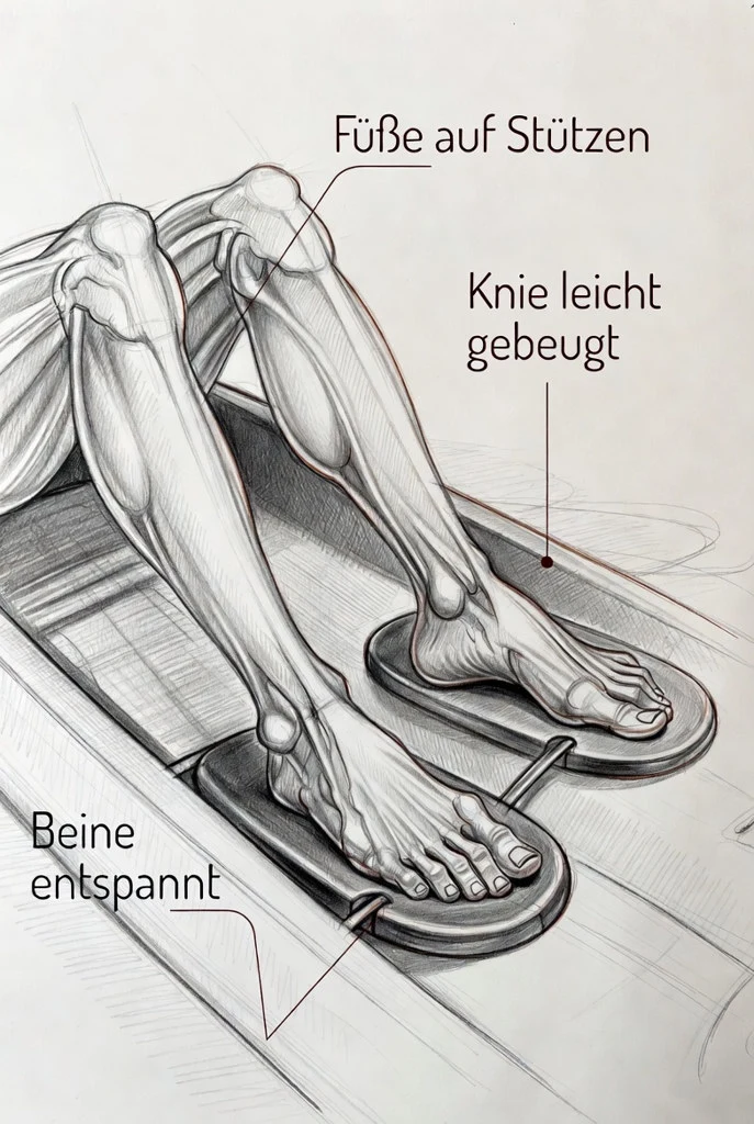 Feet on footrest, knees against thigh braces.