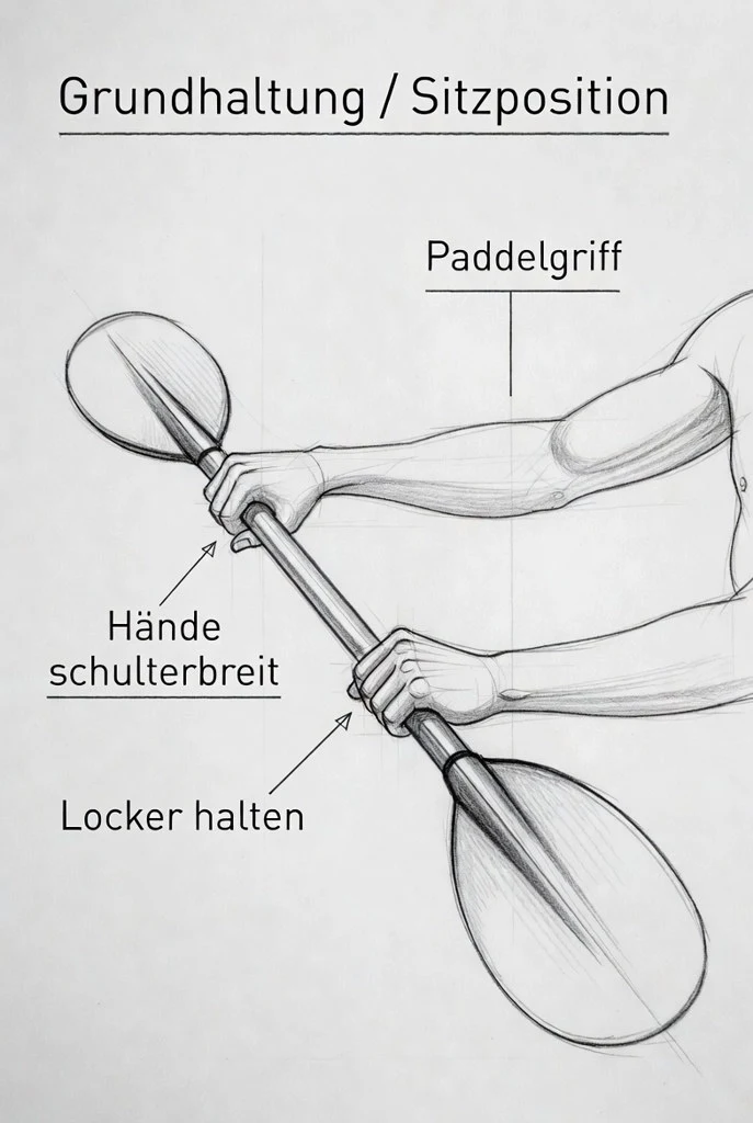 Shoulder-width paddle grip with 90° elbows.