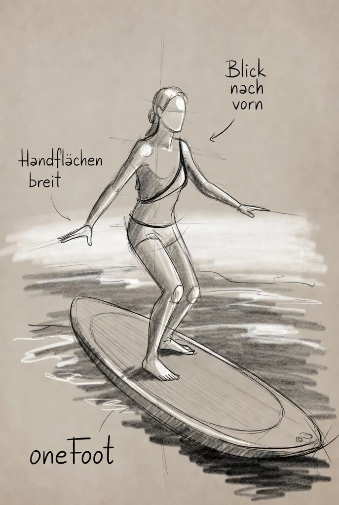 Ein Fuß nach vorn, Hände breit auf dem Board.
