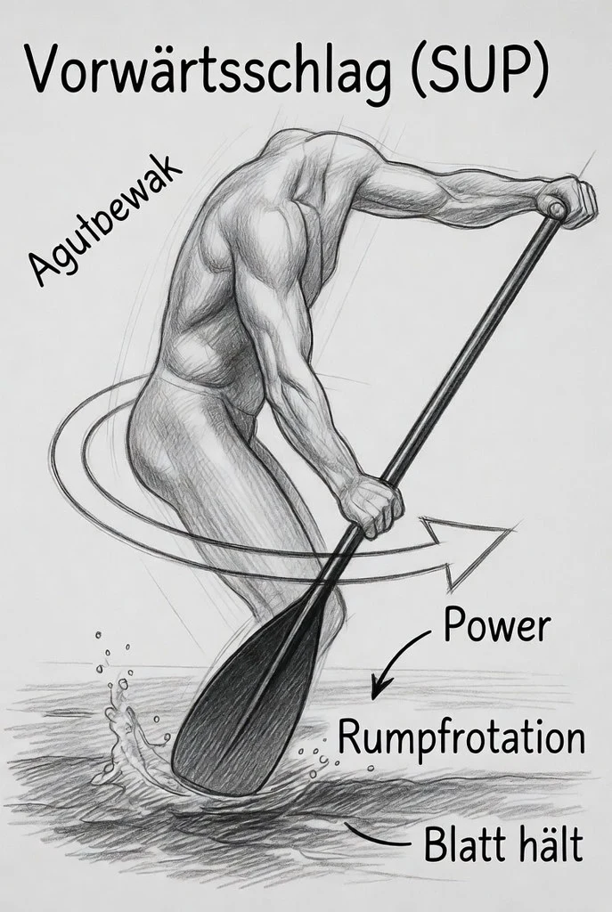 Power-Phase: Rumpfrotation zieht das Paddel.